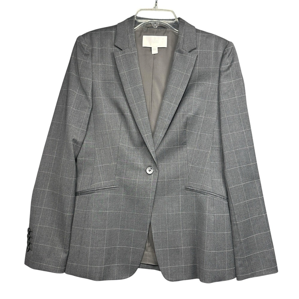 Hugo Boss Blazer Jacket Women's Size 6 US Wool Blend Gray Long Sleeve Plaid